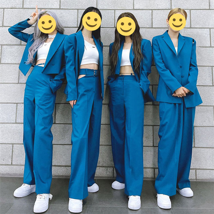 韓国 ダンス衣装 セットアップ ブルー ガールズ 女性 スーツ ジャズ ダンス衣装 上下 チーム イベント ダンスウェア JAZZ おしゃれ 演出服 発表会 S M L