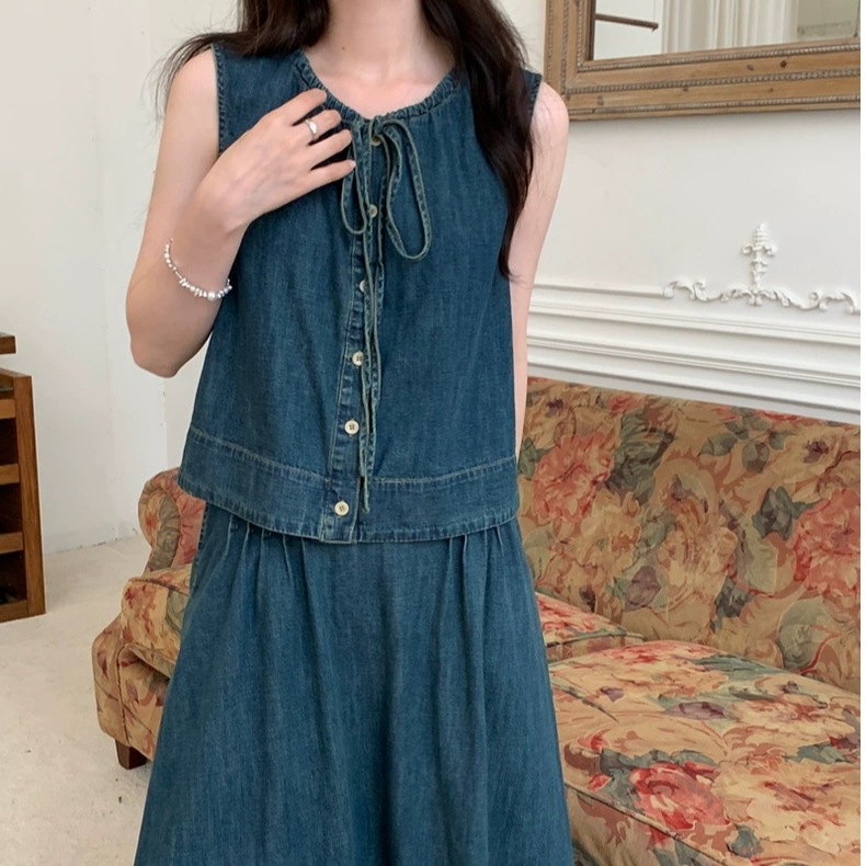 レトロ   デニム ベスト +Aライン ロングスカート ットアップセ
