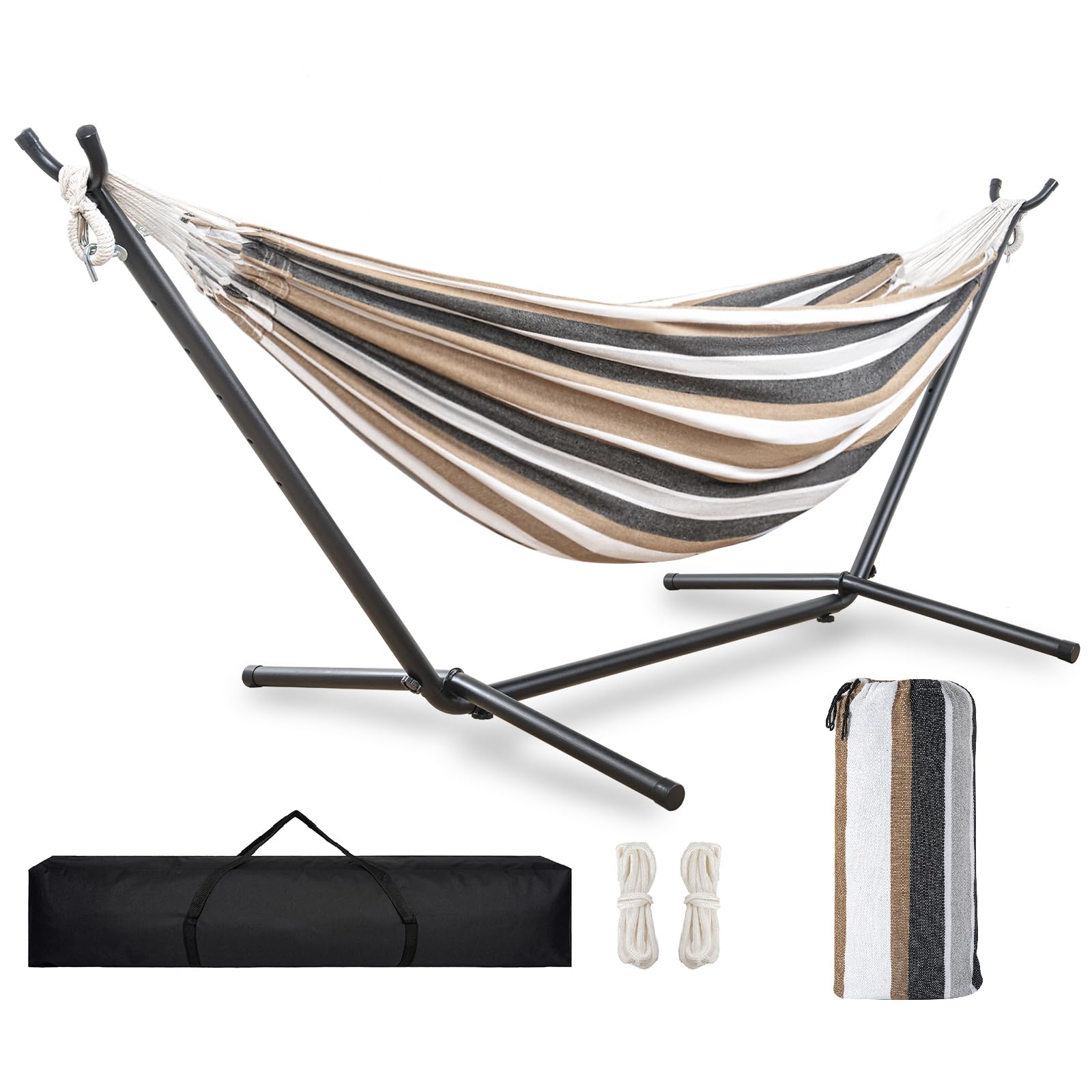 TORIBIO ハンモック 自立式 超広い ダブル 耐重荷 高さ調節 簡単な組み立て 吊り下げ可能 室内 室外 (ブラウン)