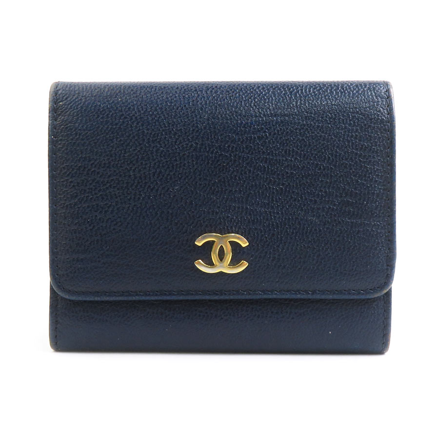 シャネル CHANEL 三つ折り財布 レザー ネイビー レディース r10949g