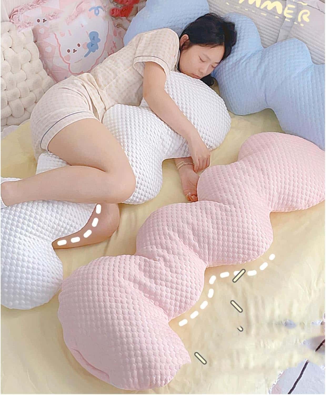波型クッション 抱き枕 低反発 マシュマロ ロングまくら 通気性 綿 快眠グッズ 横向き寝 妊婦 ベッド ソファー 安眠グッズ