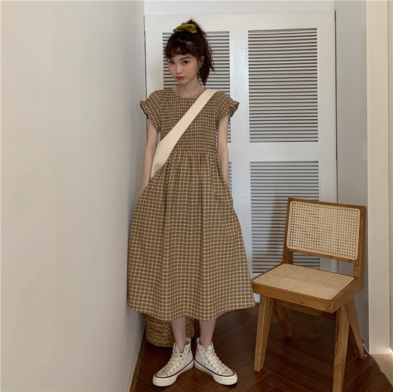 夏のフレッシュスウィートビューティードレスプリント半袖丸首ビッグスイングワンピースニッチシワが薄かった 手数料無料