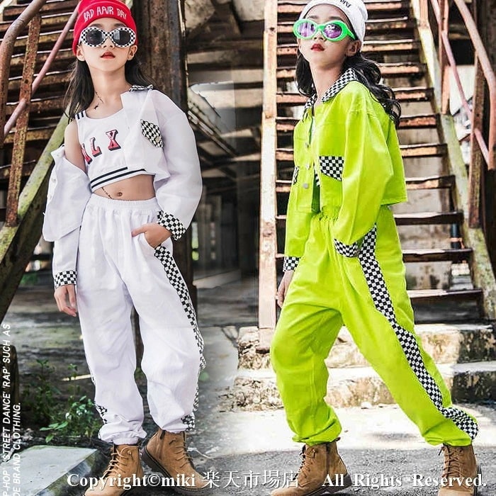 お早めに！ランキング受賞蛍光色 ジャケット サルエルパンツ ヒップホップダンス衣装 トップス HIPHOP ダンス 衣装 キッズ ダンス衣装 ヒップホップ セットアップ HIPHOP 女の子 ジャズ