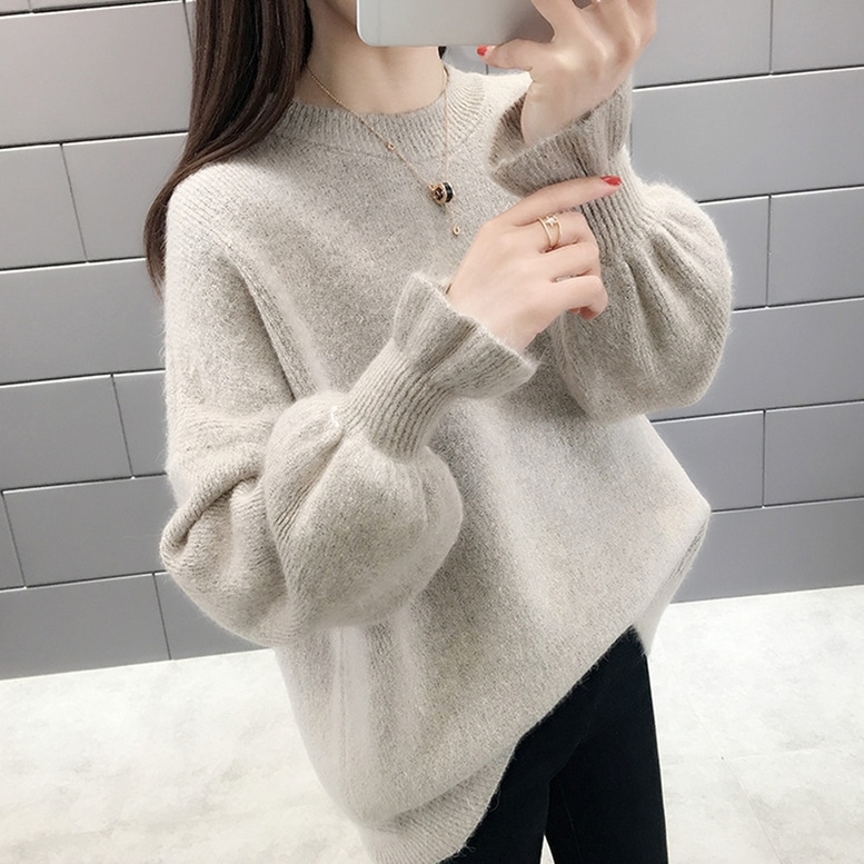 パステルニット レディース ニット プルオーバー セーター トップス クルーネック ボリュームスリーブ パフスリーブ 袖口フリル ドロップショルダー ハイゲージ アイボリー ピンク ブルー イエロー