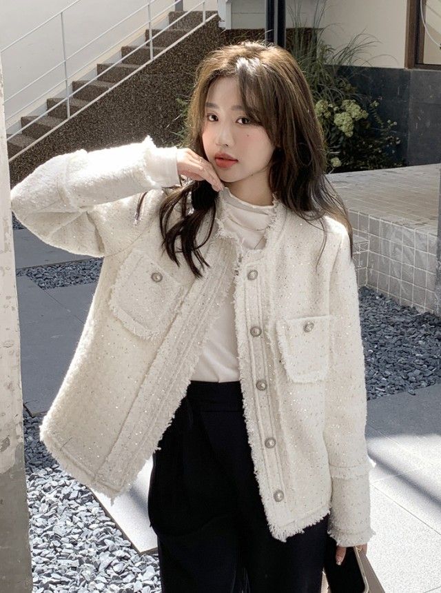 ノーカラージャケット レディース アウター ツイード ジャケット ショート丈 シンプル きれいめ カジュアル オフィス 通勤服 春 秋冬 パーティー 卒業式 入学式 お呼ばれ 20代 30代 40代