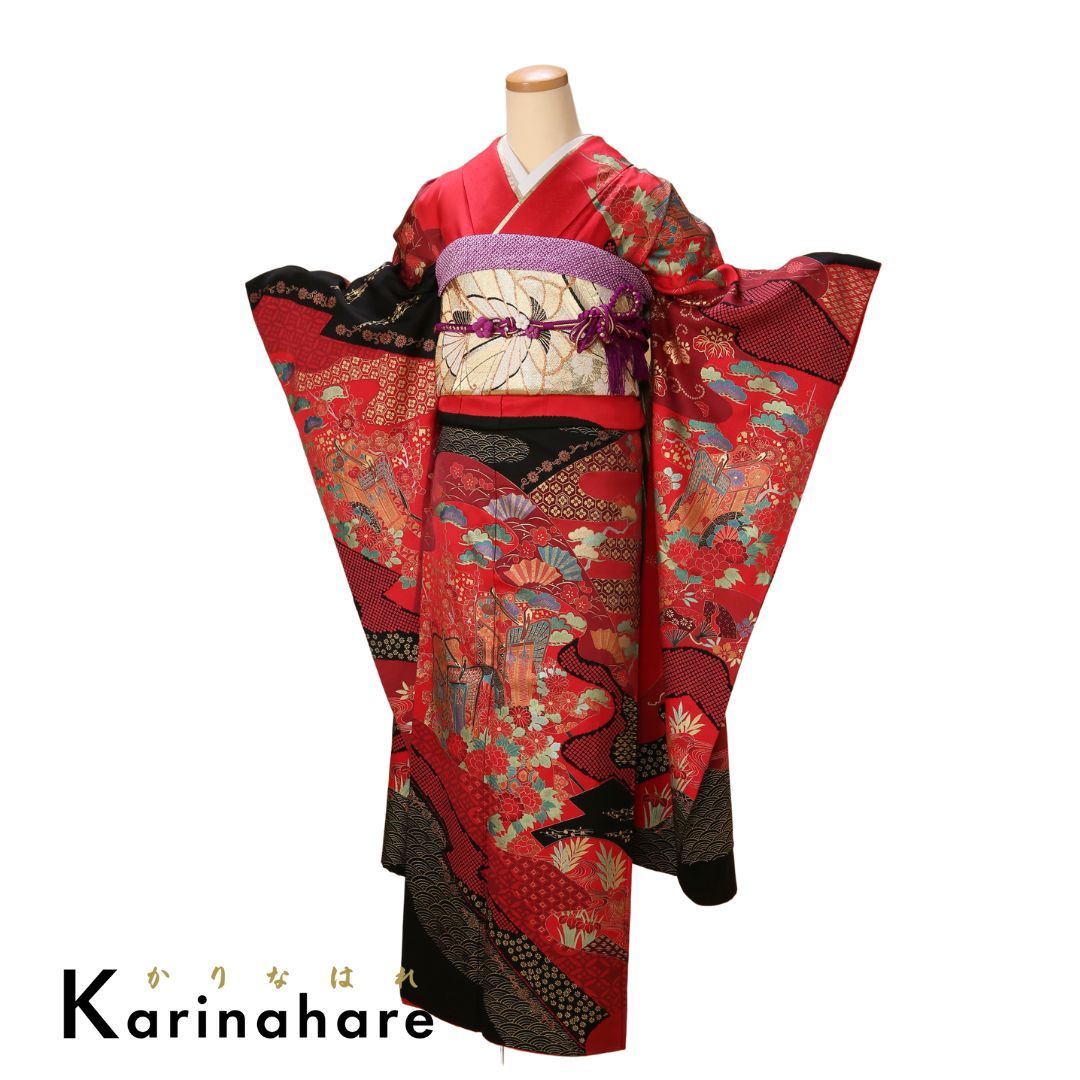 振袖セットF203-105 深く鮮やかな赤と黒が目を惹く古典文様の振袖