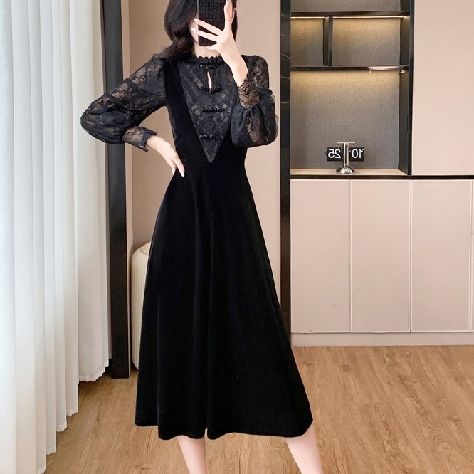 ワンピース ミディアム丈ワンピース 長袖 ハイネック フリル ボリューム袖 シースルー 刺繡 重ね着風 Aライン 可愛い かわいい 大人可愛い きれいめ シンプル 上品 おしゃれ かっこいい