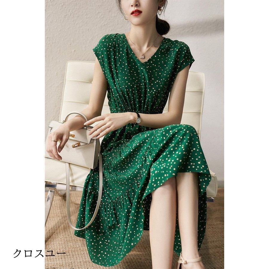 ワンピース レディース 40代 マキシワンピース 春夏 半袖ワンピース Vネック シフォン プリーツ 膝丈 フレアスカート きれいめ 韓国風 20代 30代 50代