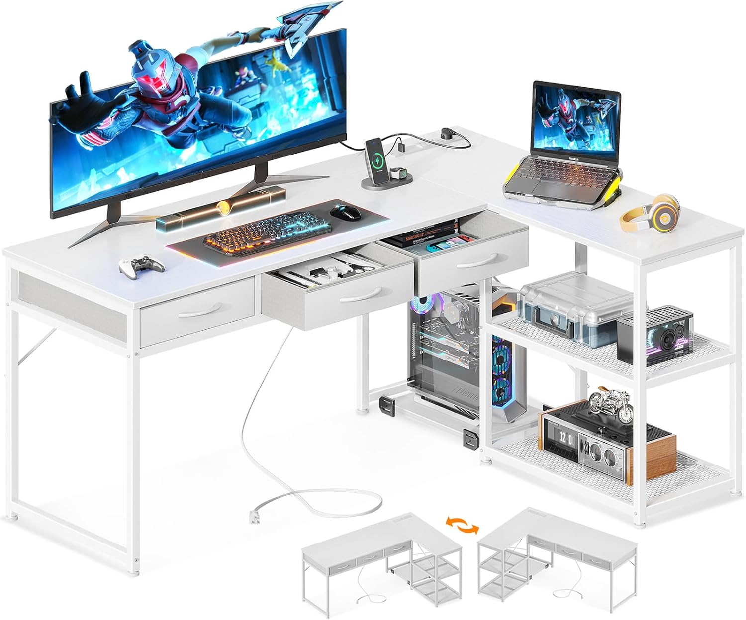 引き出し3杯付き パソコンデスク コンセント付き l字デスク デスク 机 幅155 pcデスク 棚付き エル字デスク 収納 コーナーデスク オフィスデスク 在宅勤務 仕事用 組立簡単 ホワイト