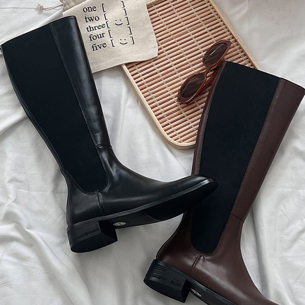 ロングブーツ スクエアトゥ サイドゴア バックジップ レディース 黒 茶