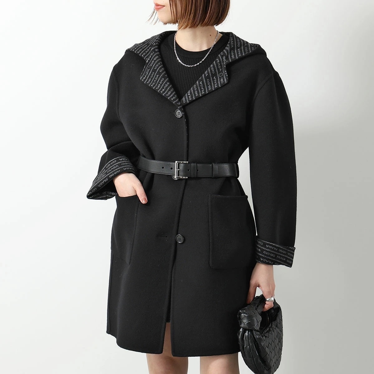 PRADA プラダ ウールコート P685QK 13L1 レディース シングルブレスト ベルト付き フード付き ミディアム丈 F0700/NERO+GRIGIO