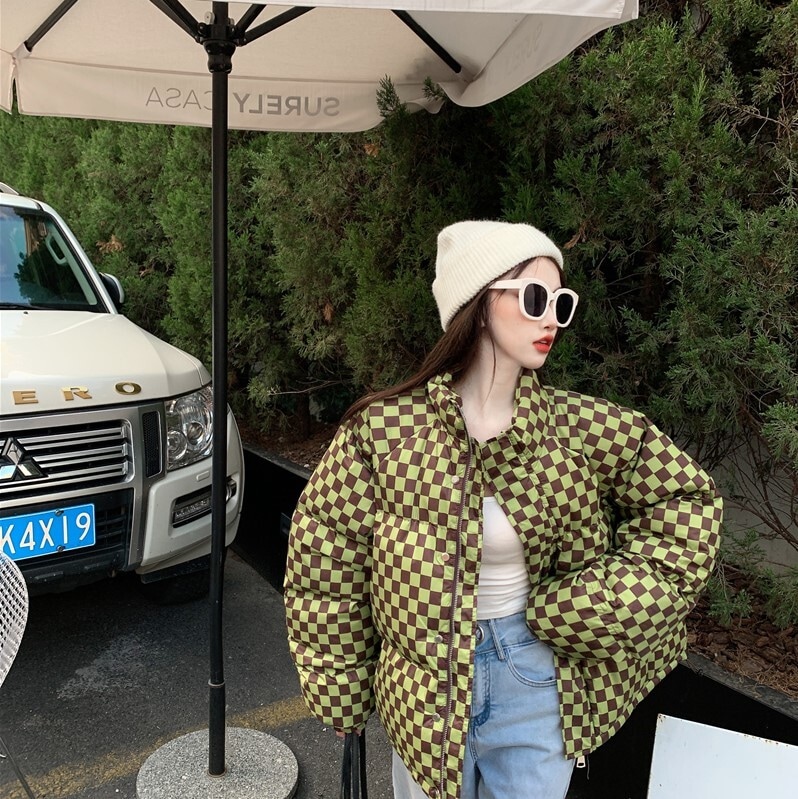 チェック柄ダウン イエロー ブラック アウター ブルゾン ジャケット 長袖 ファスナー付き スリム