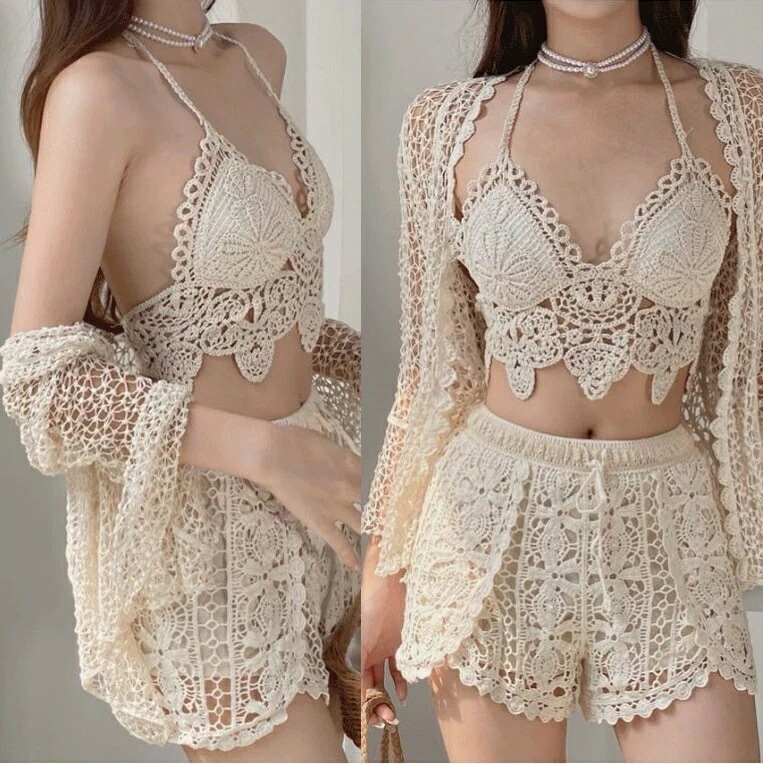 【急速出荷 2025年新作】水着 クロシェ クロッシェ 鍵編み 短パン 長め ショートパンツ スイムウェア レディース 3点セット エスニック レース カーディガン レディース 韓国 無地 メッシュ 5,262円