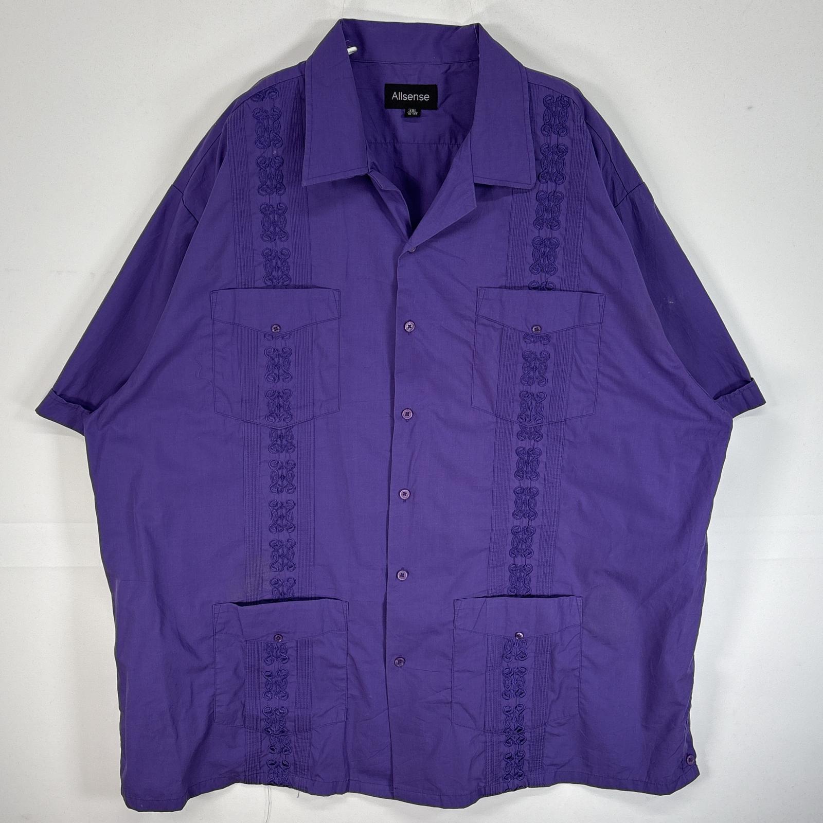 古着 オールセンス All sense 半袖シャツ キューバ 4つポケ 刺繍デザイン 3XL パープル 総柄 メンズ