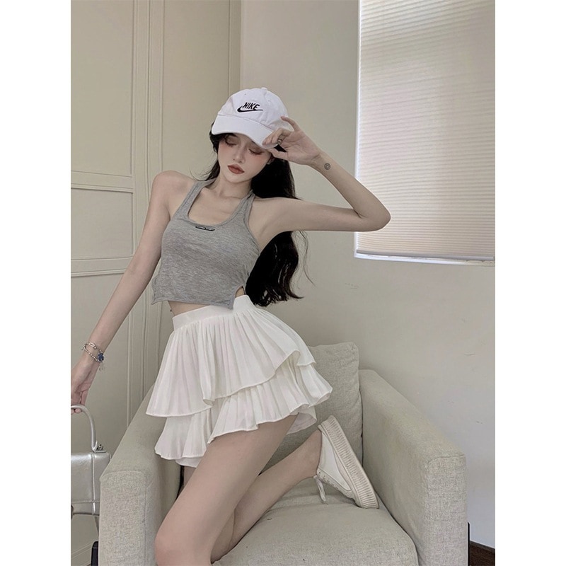 【1つ買うと10つ無料】夏の気質のスリムでセクシーな腫れたスカートは女性の白いスカートが付いた短いプリーツケーキスカートを添えた半分のボディスカートを添えたスカート