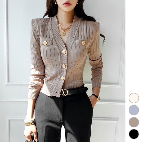 カーディガン レディース トップス アウター 長袖 Vネック リブ ニット 金ボタン タイト カットソー 上品 きれいめ 春 秋 冬 韓国 to24927