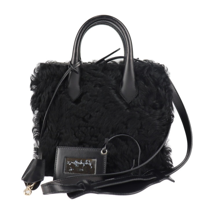 美品 BALENCIAGA バレンシアガ ハンドバッグ 347237 パドロックヌード ミニ ムートン レザー ブラック ゴールド金具 2WAY ショルダーバッグ【本物保証】