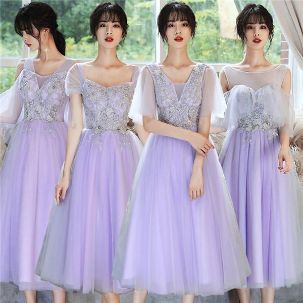 結婚式ワンピース パーティードレス ブライズメイドドレス 編み上げタイプ 二次会 ドレス 呼ばれドレスミモレ丈ドレス オープンショルダー 体型カバー