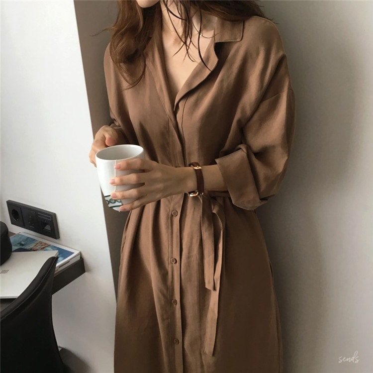 5110.2WAYシャツワンピース（ブラウン）2019 春夏 sale アウター 美ライン おしゃれ カーディガン ロング丈 オフィス ビジネス お出かけ 女子会 普段使い 通勤 通学