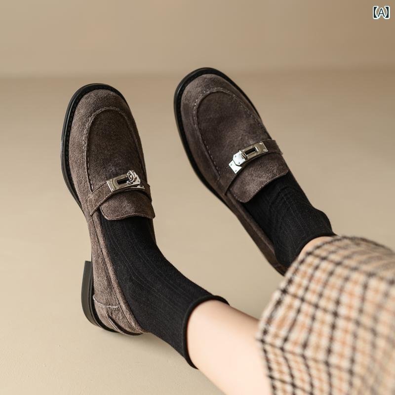 ローファー レディース 歩きやすい 通勤 通学 女性用 英国 ベルベット レトロ ヌバック レザー 深口 スリッポン ローヒール ビーニー シューズ 快適 フラット シューズ