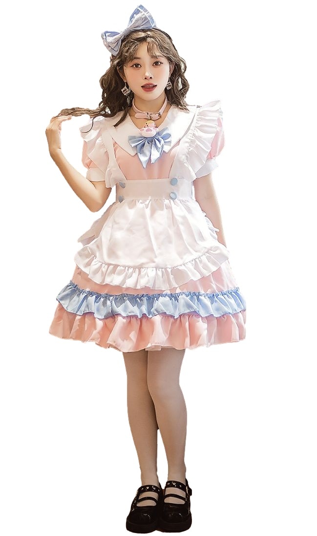 メイド服 ロリータ ドレス プリンセス お嬢様 半袖 ワンピース コスプレ コスチューム 6点セット サイズ S―XXL ピンク ブルー
