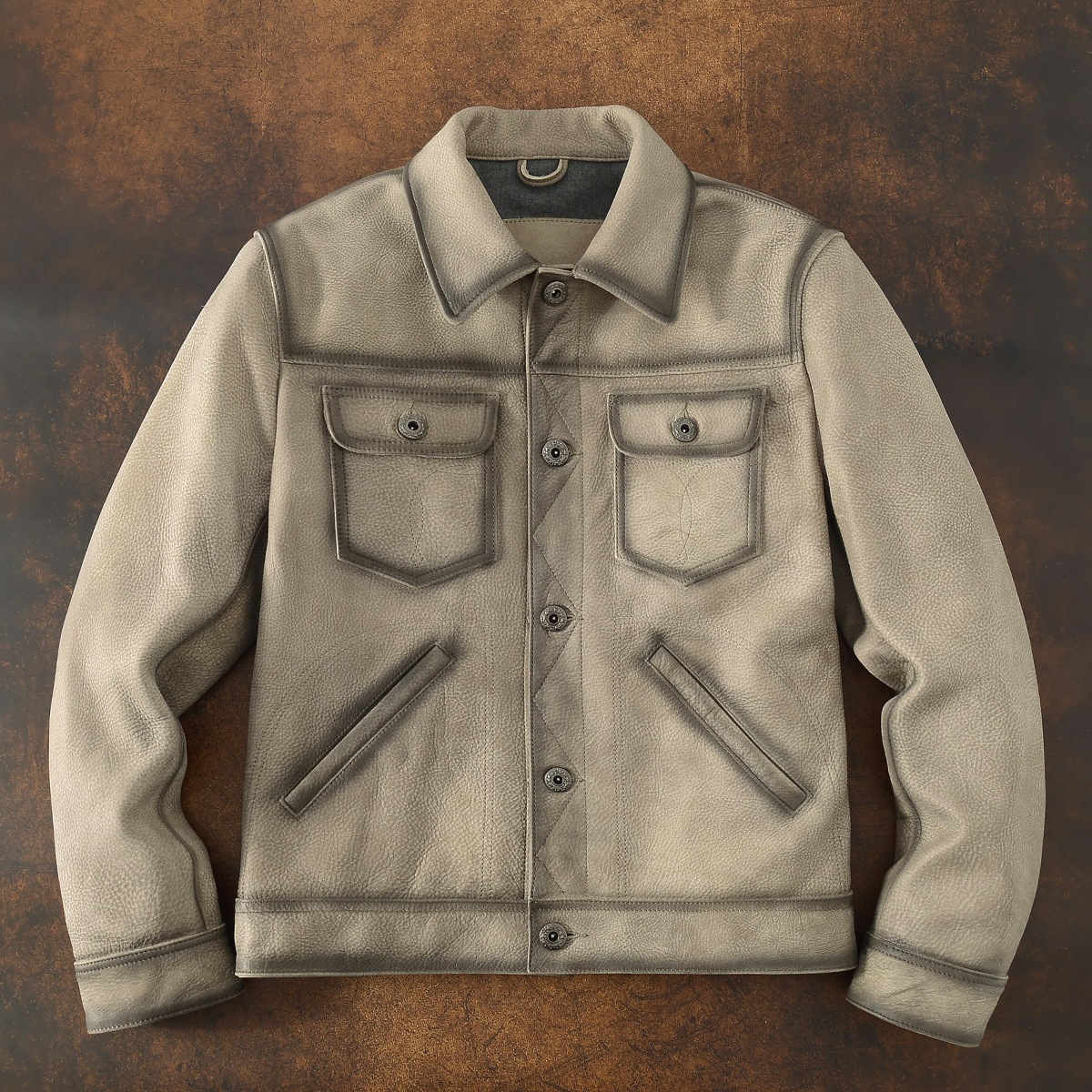 アメリカンレトロ風ダメージ加工未コーティングフロスト牛革メンズラペルデニムジャケット