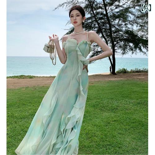 ワンピース 大人 レディース ティーブレイク フレンチスタイル スリング ビーチ ドレス レイヤード フリル フェアリー ロング ドレス