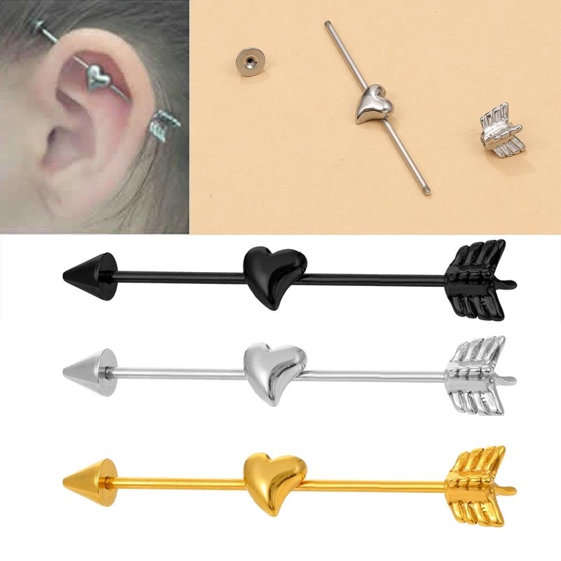 1つ買うと10個無料アローラブハート インダストリアル ボディピアス 14G 金色 黒色 銀色 14ゲージ 長い ロング 弓矢 キューピッド 天使 ゴールド ブラック シルバー 男性 女性 bb9