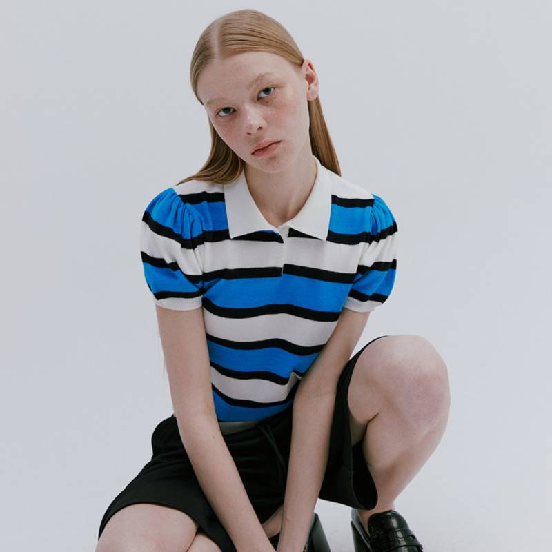 PETIT PUFF STRIPED COLLAR KNIT