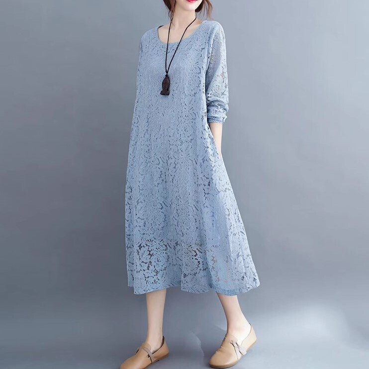 ワンピース プルオーバー ロングワンピース ミモレ丈 袖あり 長袖 ラウンドネック 襟なし Aライン レース 透け感 薄手 大人可愛い きれいめ 大人 上品 おしゃれ お洒落 レトロ 大人女子