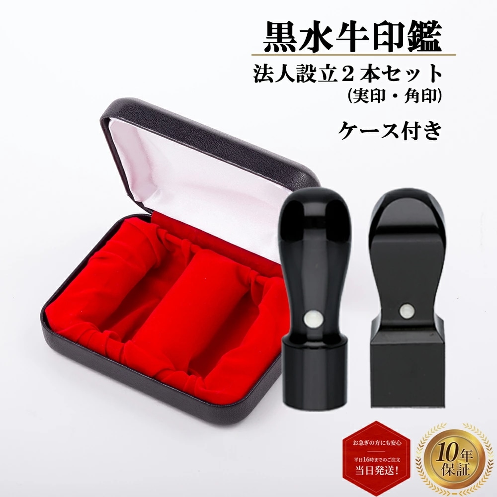 はんこ 印鑑 法人印 会社印 2本セット 黒水牛 実印 18mm 角印 21mm ケース付き