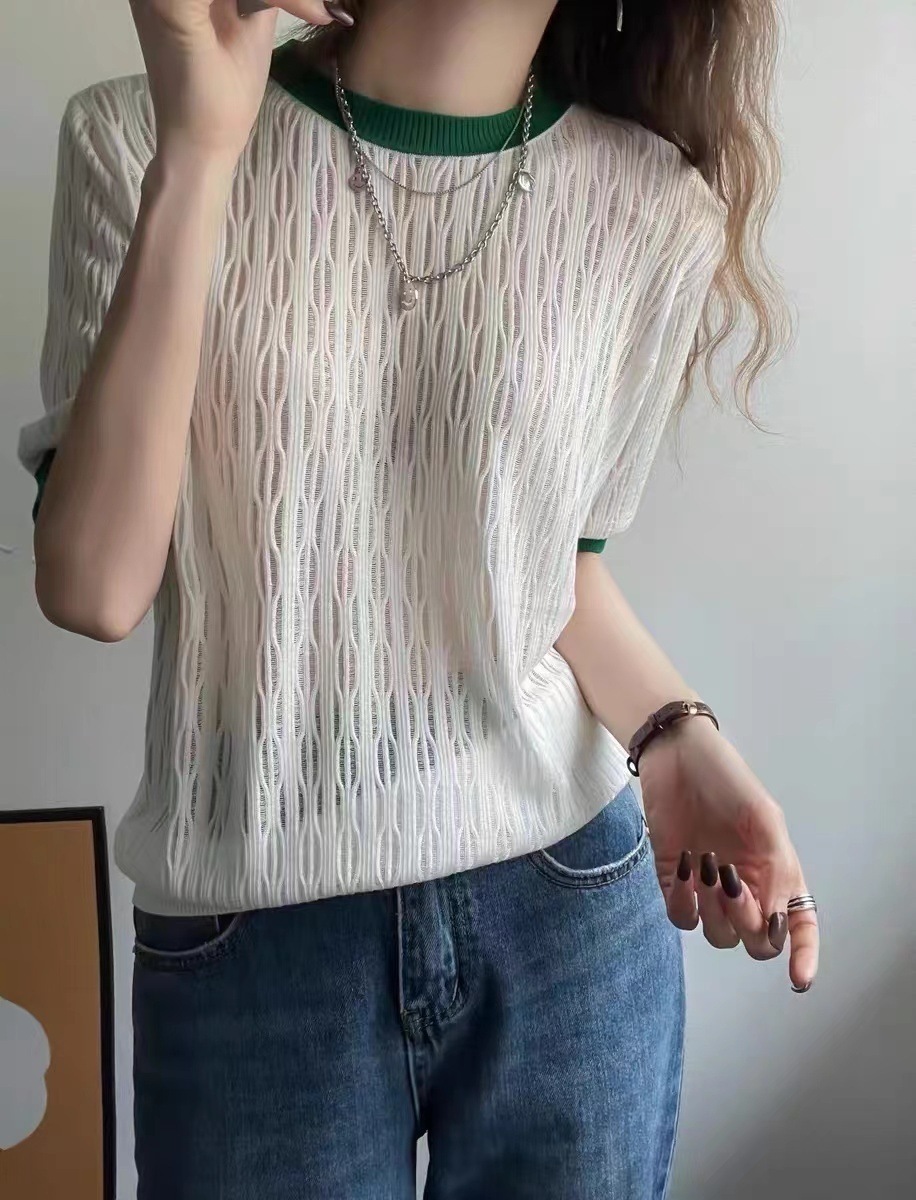 アイス シルク シンプル コントラストカラー ラウンドネック パターン ウエスト トップ ルーズ カジュアル ニット 半袖 Tシャツ 個性的 トップス Tシャツ シャツ 袖あり 半袖 襟なし かわいい