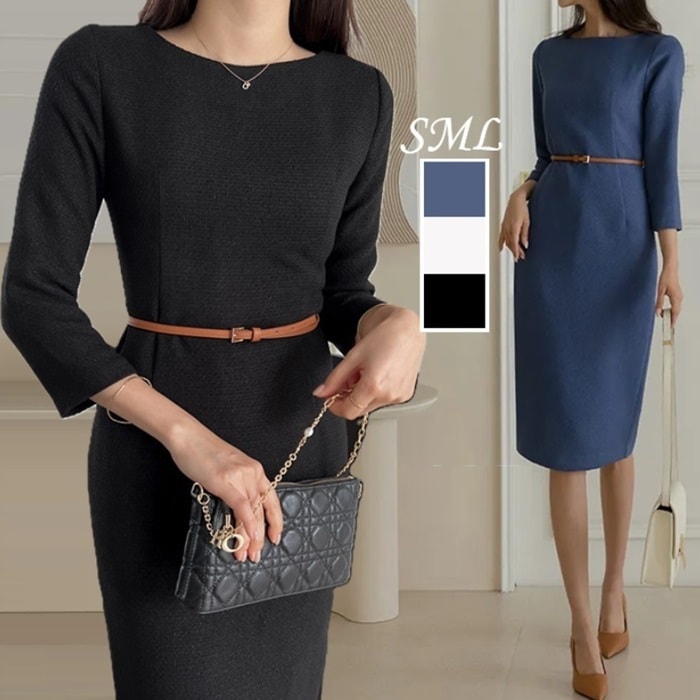 ワンピース 結婚式 袖あり タイト パーティードレス ベルト付き