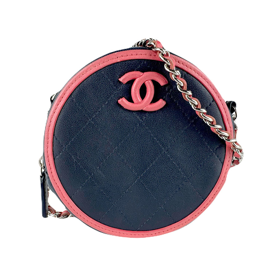シャネル CHANEL 斜め掛けショルダーバッグ レザー ネイビー/ピンク シルバー レディース z8387