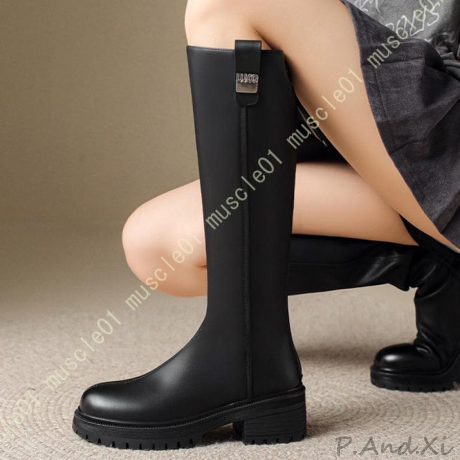 レディース ロングブーツ 厚底ブーツ 太ヒール スクエアヒール 厚底 高筒ブーツ 無地 歩きやすい 柔らかい バックファスナー エンジニア シンプル 通勤