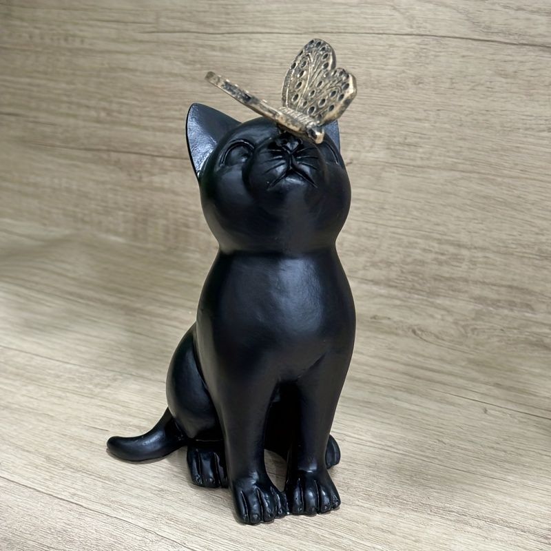 オブジェ 置物 蝶が止まっている黒ネコ 猫 ガーデンオーナメント インテリア 可愛い インテリア雑貨 室内 寝室 玄関 アニマルオブジェ 庭 ガーデニング プレゼント ギフトty129