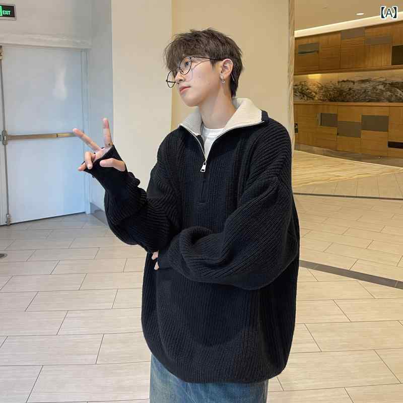 セーター メンズ ニット トップス 秋冬 ハーフジップ タートルネック アメリカン レトロ ファッション カジュアル プルオーバー ブラック カーキ ベージュ