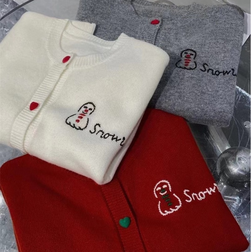 ラブボタンクリスマス小さな雪だるま刺繍ニットカーディガンコートレディース秋冬ラウンドネックボトムシャツレディーストップス