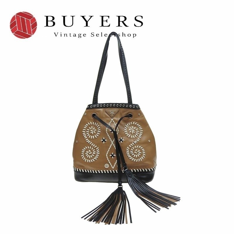 中古 プラダ PRADA トートバッグ ソフトカーフ レザー B5061E レディース タッセル フリンジ 巾着 ネイティブ キャメル ブラック 黒 BLACK shoulder bag leath