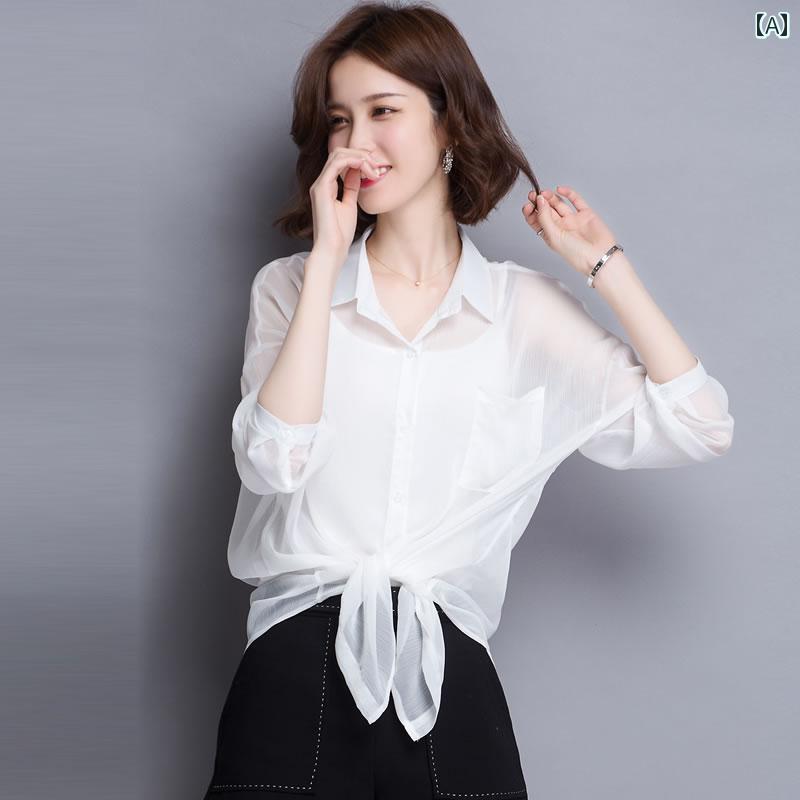 トップス レディース 上品 おしゃれ カジュアル 夏 長袖 シフォンシャツ 韓国 薄手 涼しい 涼しい 半透明 日焼け シャツ