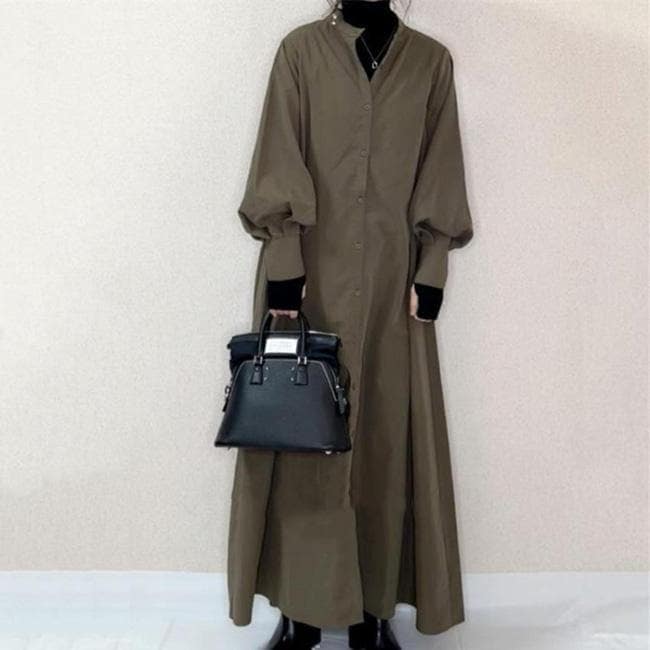 【即納】ワンピース シャツワンピース ロングワンピース ロング丈シャツ バルーンスリーブ 無地 ロング
