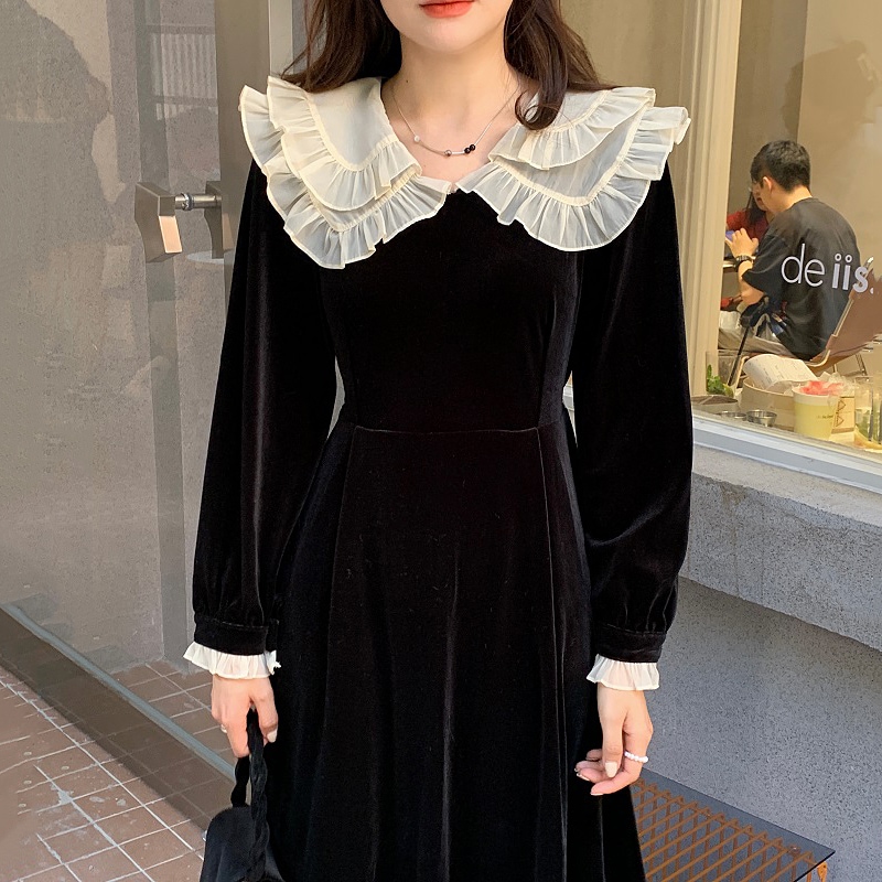 【送料無料】レディース ワンピース カラーレース ウェスト ベルベット スリーブ ドレス