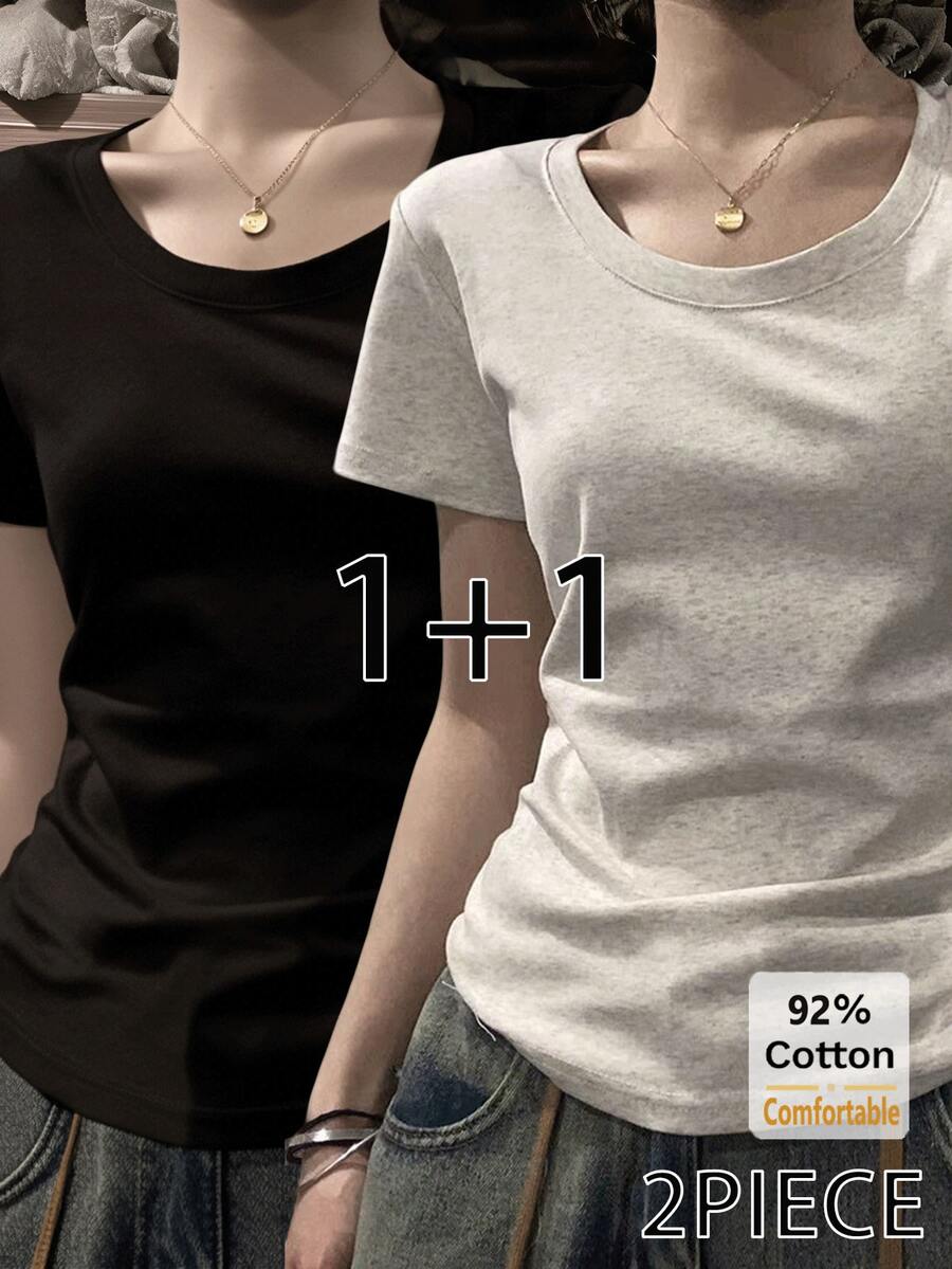 2枚セット 春夏新作 フローラル グレー + ブラック 半袖Tシャツレディース スリムフィット 無地 カジュアル アンダーシャツ