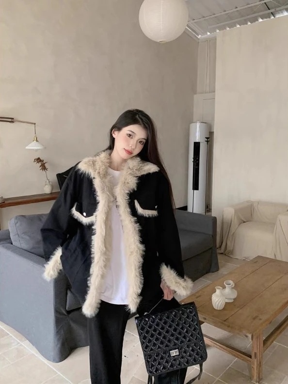 アウターファー毛皮アウターシルエット学生通学丈 かわいい ブルゾンファー付きファッション系裹起毛黑大人ゆったりカジュアルストリートサイズレディースムートン襟ゆるダボ あったかアウター 韓国風コート