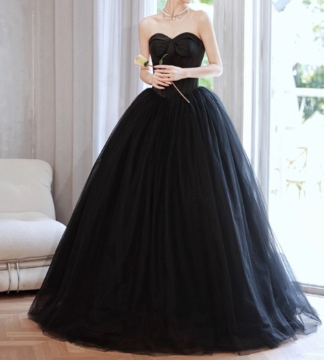 パーティードレス ブラック ベアトップ チュールスカート プリンセスライン 編み上げ 発表会