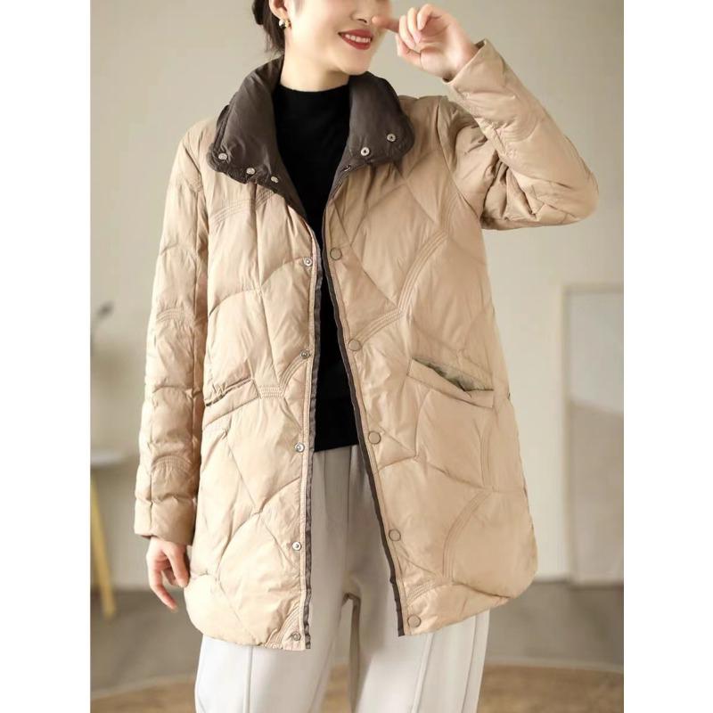 レディース ファッション 服 オシャレ カワイイ シンプル 大人カワイイ 大きいサイズ プレス チェック柄 ソリッドカラー ダウン コットンコート ミドル丈 スタンドカラー 冬