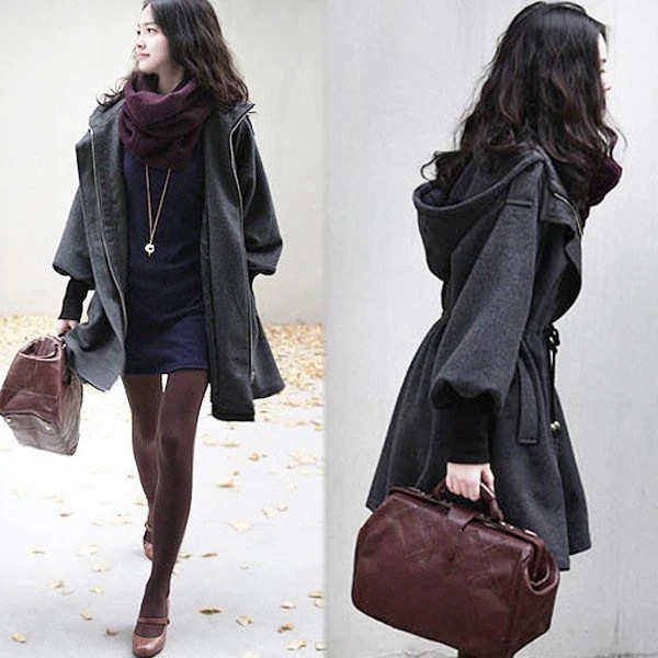 コートレディース　チェスターコート　ロングコート　フード付き　7L　ダークグレー　厚　着痩せ　上