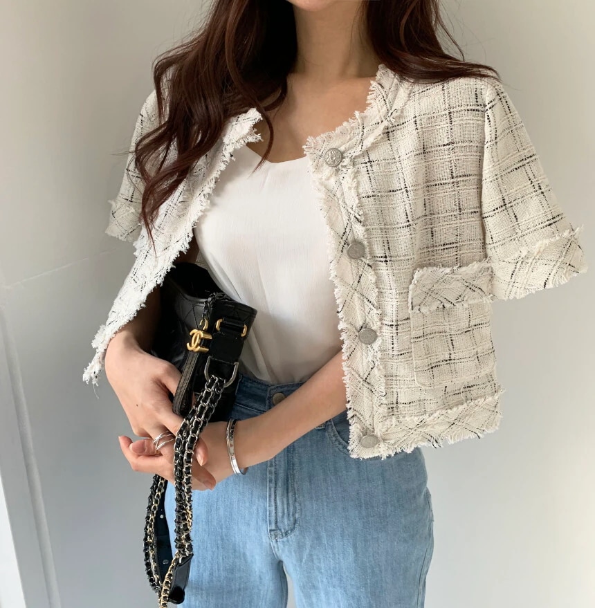 ツイードジャケット アウター ジャケット ショート ショート丈 袖あり 半袖 襟なし 刺繍 前開き 大人可愛い きれいめ カジュアル 上品 大人可愛い 大人女子 ガーリー セクシー エレガント