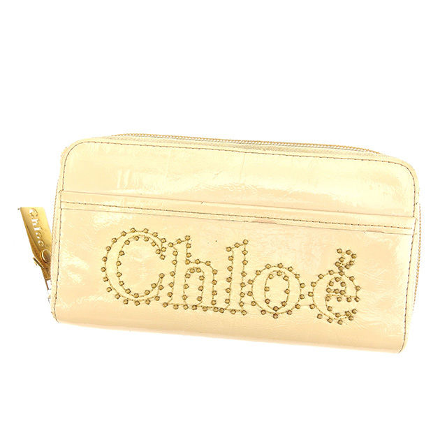 長財布 ラウンドファスナー ベージュ ゴールド ロゴスタッズ 中古 T11391