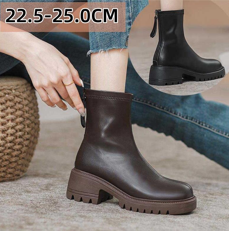 2色 ショートブーツ レディース 本革 靴 ラウンドトゥ 幅広 甲高 5CMヒール 疲れない カジュアルシューズ 厚底 背が高くなる 身長アップ バックジッパー 脱ぎ履きやすい 履きやすい 革